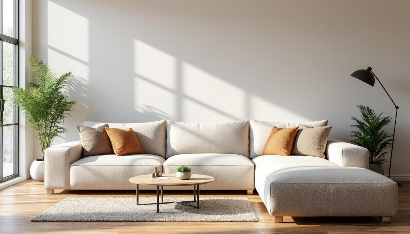 découvrez notre élégant canapé d'angle beige, un classique indémodable qui s'intégrera parfaitement dans tous les salons. alliant confort et style, ce meuble saura sublimer votre espace de vie tout en offrant une ambiance chaleureuse et accueillante.
